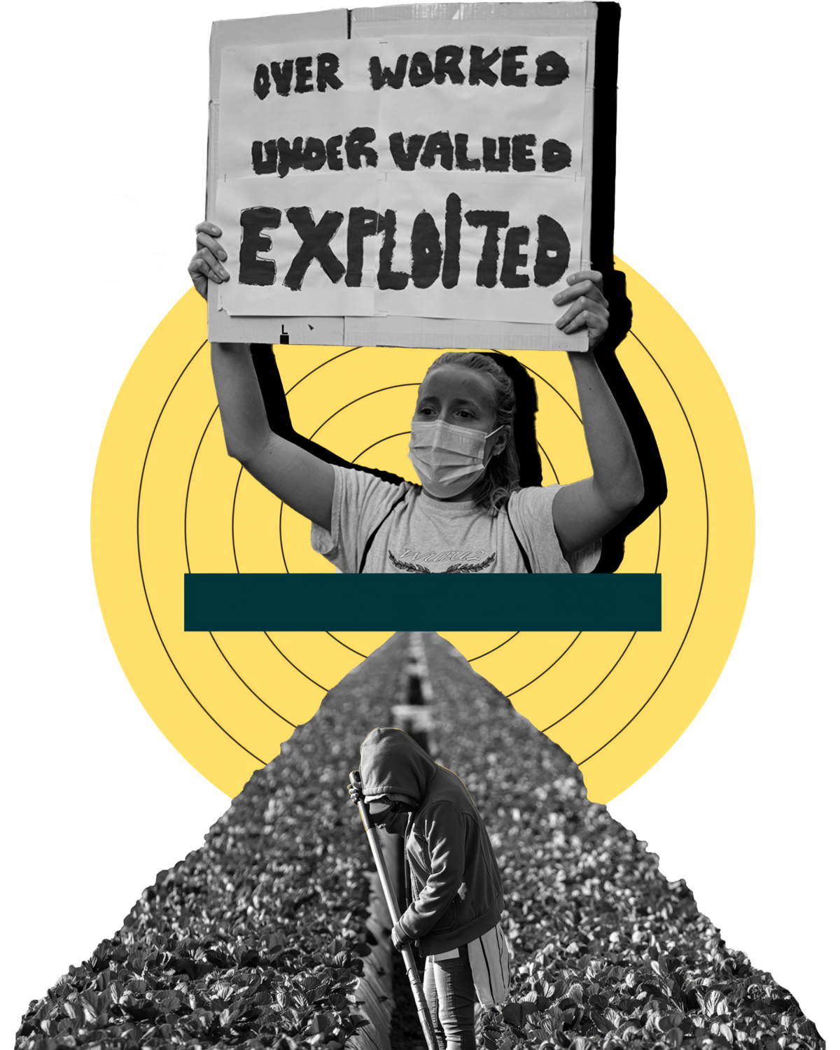 Economic Justice Collage. Elements include: Farmworker in the fields and a protestor holding a sign that reads, 