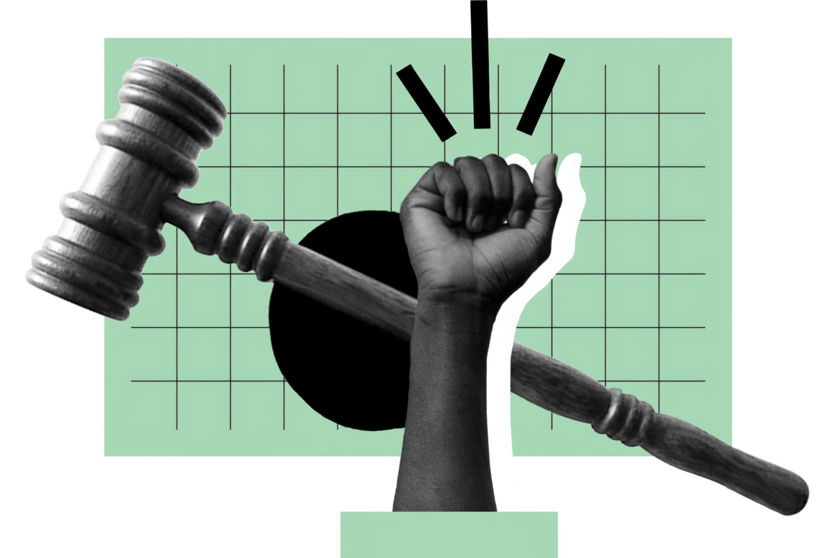 Know Your Rights approach collage. Elements include: Raised fist, gavel, and light green gridded rectangle