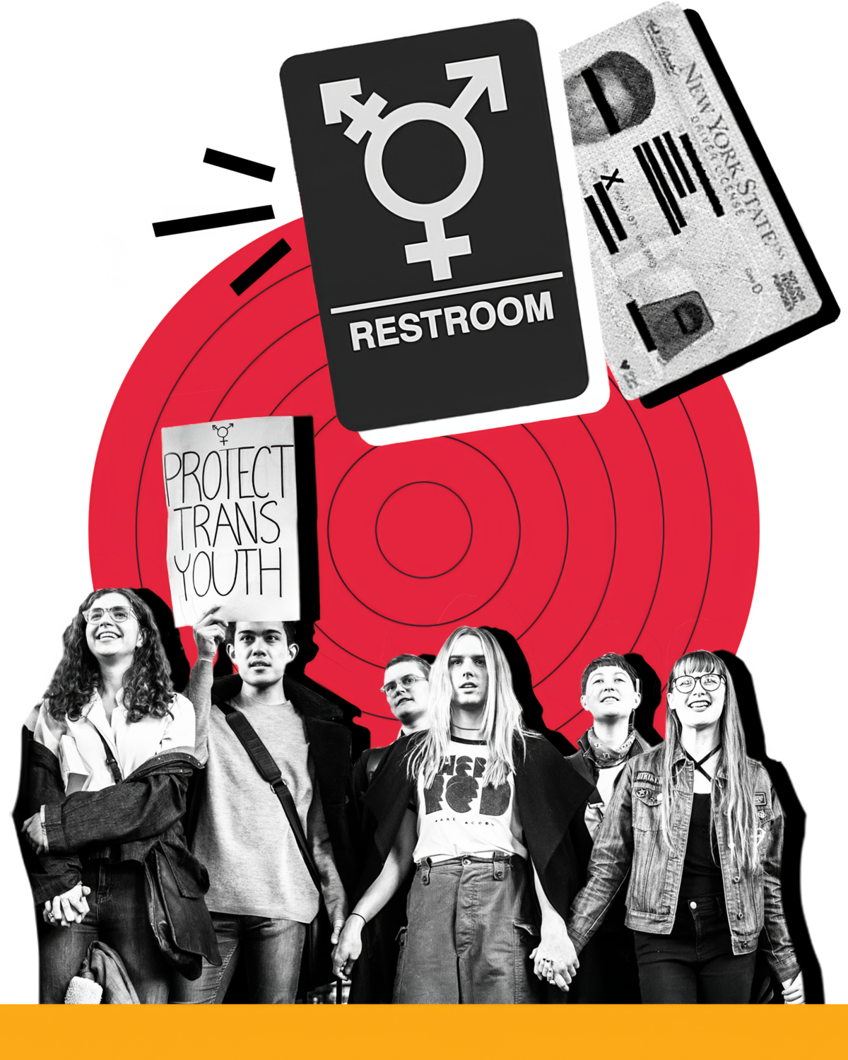LGBTQ+ Rights Collage. Elements include: Sign for gender neutral bathroom, drivers license with Gender X marker, and students holding hands at a protest.