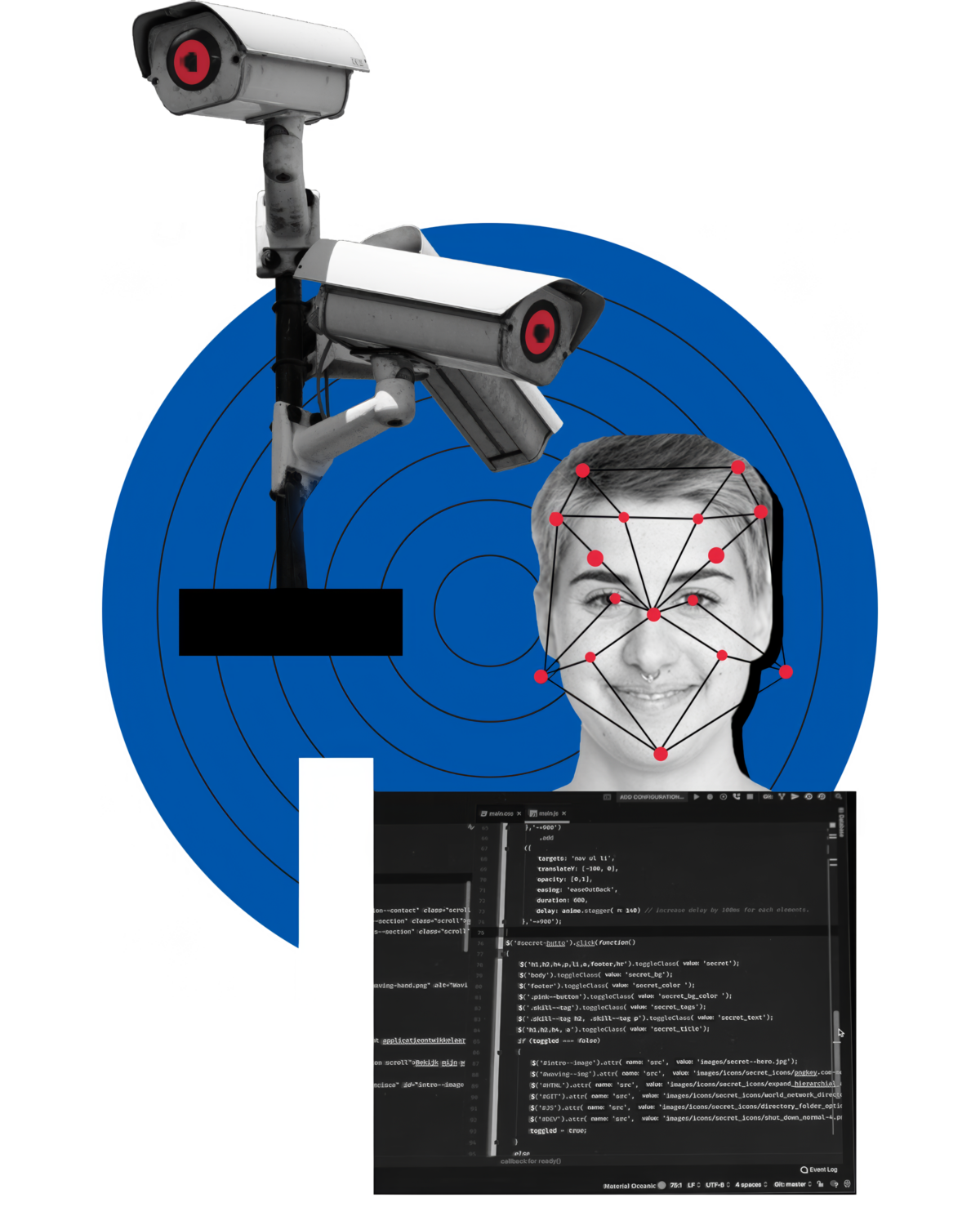 Privacy Collage. Elements include: surveillance cameras, facial recognition tech, and a computer screen of code.