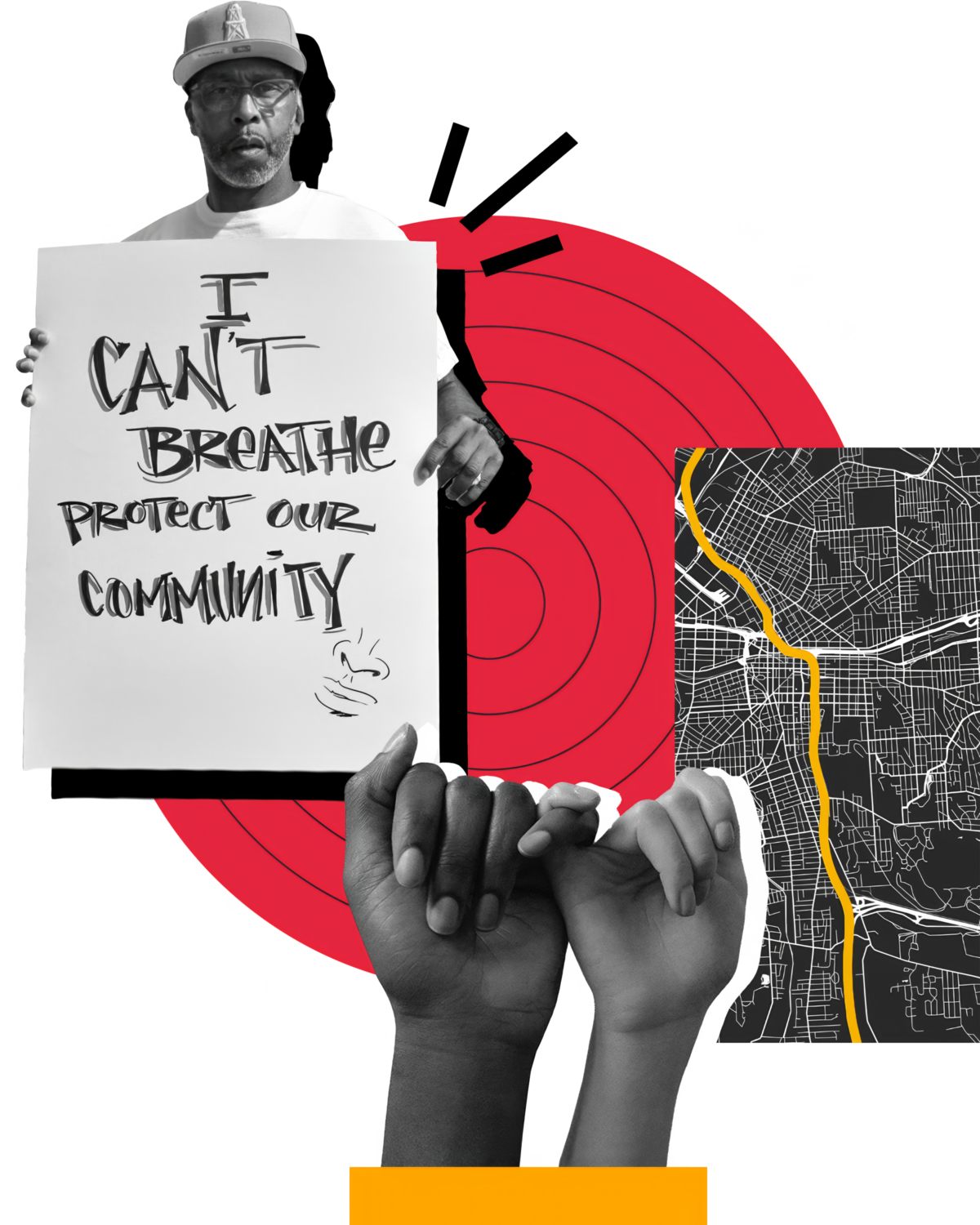 Racial Justice Collage. Elements include: Hands with pinkies connected, map of highway in buffalo, and a protestor holding a sign that reads, 