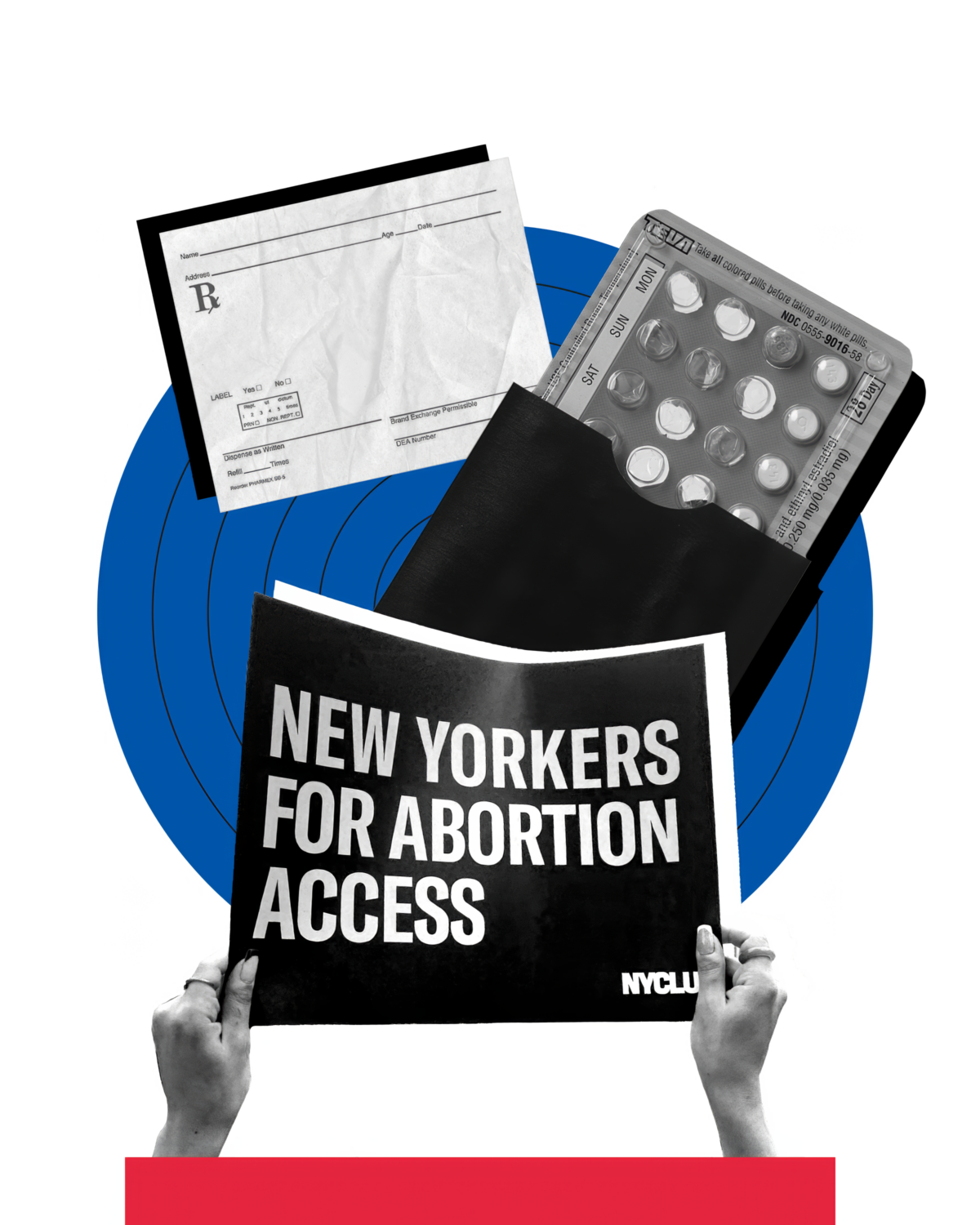 Reproductive Rights Collage. Elements include: prescription letter, birth control, and a protest sign that reads, 